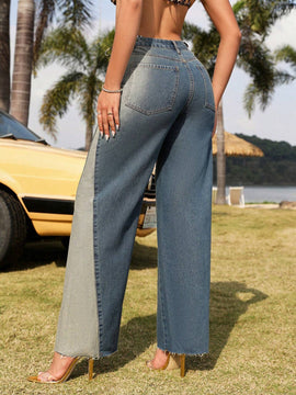 SXY Pantalones Jeans Holgados De Mujer Con Dobladillo Deshilachado Y Diseno De Color De Contraste
