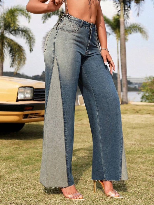 SXY Pantalones Jeans Holgados De Mujer Con Dobladillo Deshilachado Y Diseno De Color De Contraste
