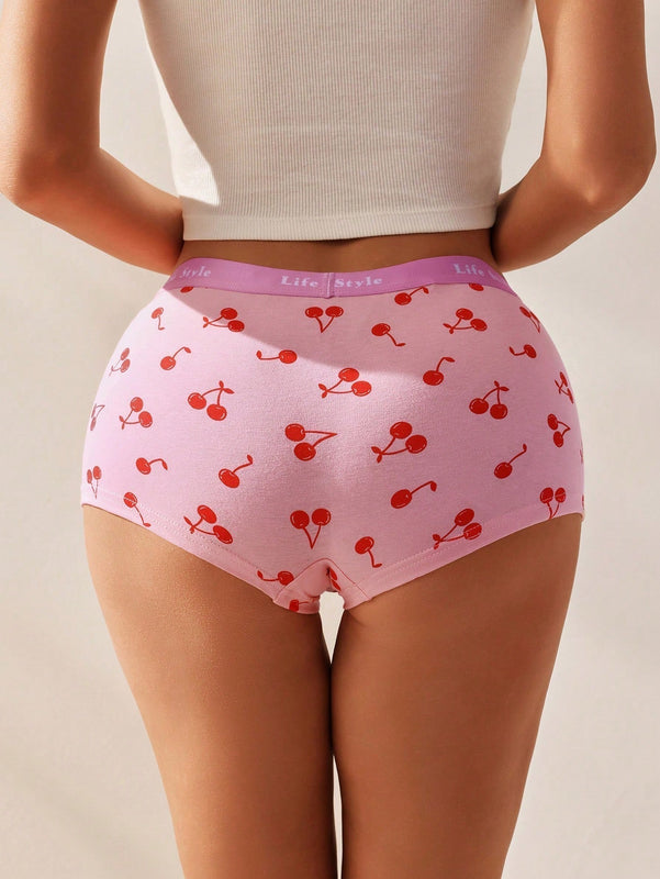 Ropa Interior Comoda Y Linda Para Mujer Con Estampado De Cerezas Y Banda Tejida