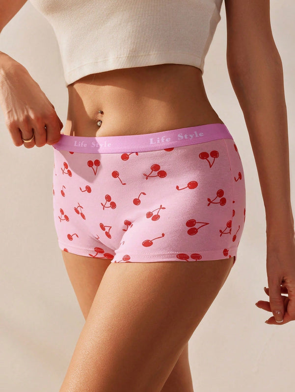Ropa Interior Comoda Y Linda Para Mujer Con Estampado De Cerezas Y Banda Tejida