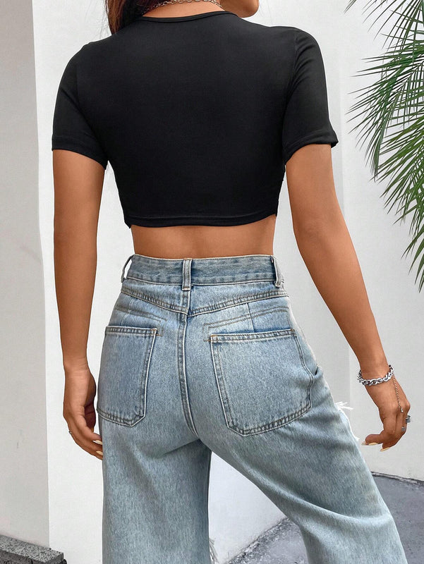 Crop Top Ajustado Con Impresion De Letra