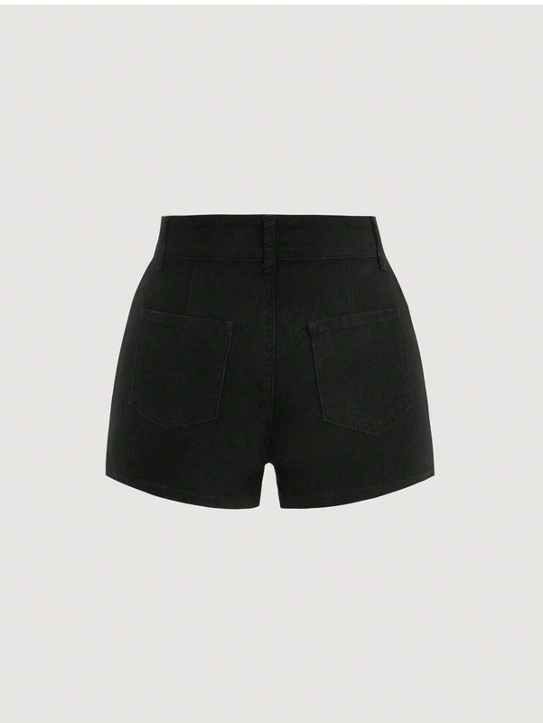 MOD Shorts De Mezclilla Con Cuello Vuelto Y Bolsillos Para Mujer De Color Solido