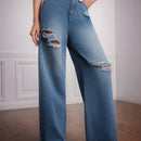Forever 21 Pantalones Jeans Rectos Para Mujer Con Detalles Desgastados