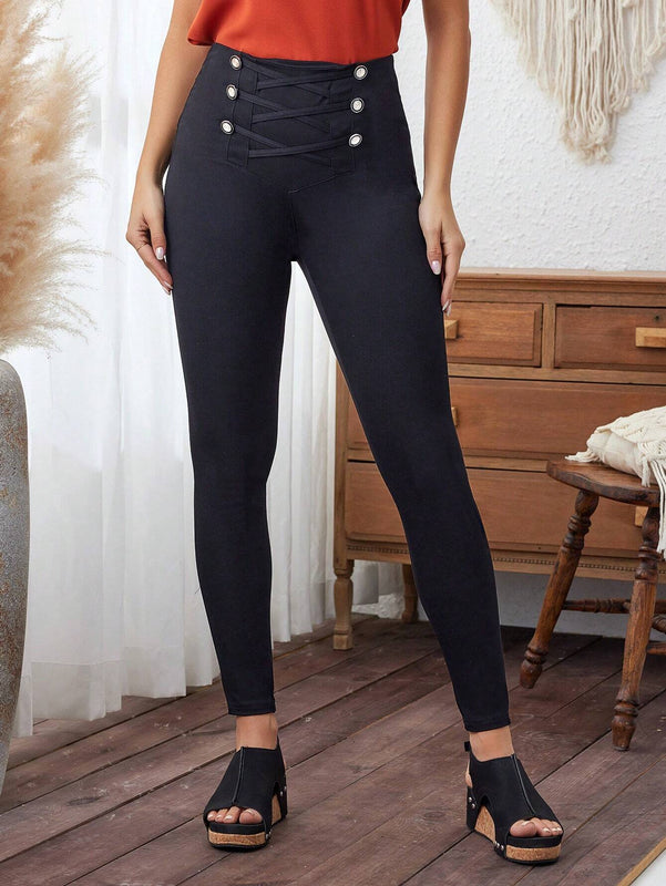 LUNE Pantalon de mujer de cintura alta con diseno cruzado, pantalon ajustado de unicolor para el verano