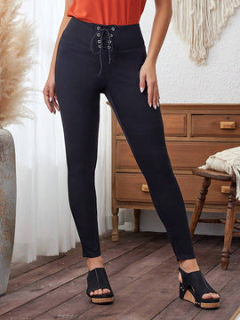LUNE Mujeres pantalones ajustados lisos con cordones, cintura alta con cinturon de ojales