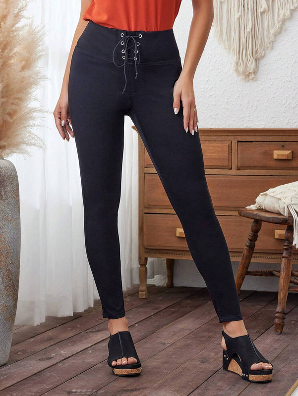 LUNE Mujeres pantalones ajustados lisos con cordones, cintura alta con cinturon de ojales