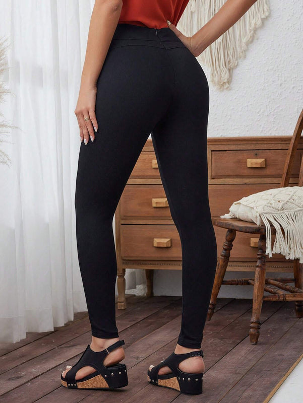LUNE Pantalon de mujer de cintura alta con diseno cruzado, pantalon ajustado de unicolor para el verano