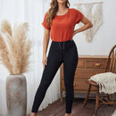 LUNE Mujeres pantalones ajustados lisos con cordones, cintura alta con cinturon de ojales