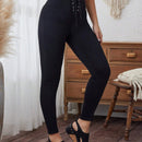 LUNE Mujeres pantalones ajustados lisos con cordones, cintura alta con cinturon de ojales