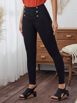 LUNE Pantalon de mujer de cintura alta con diseno cruzado, pantalon ajustado de unicolor para el verano