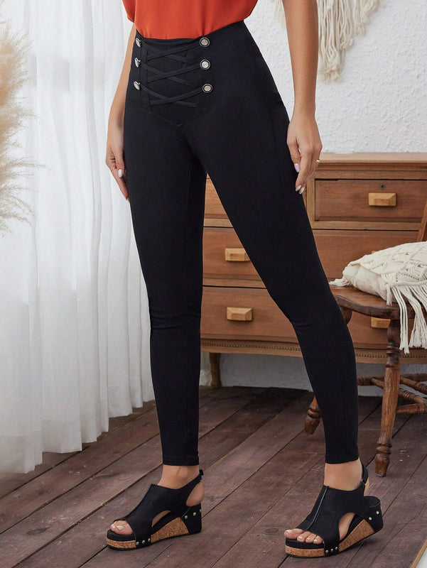 LUNE Pantalon de mujer de cintura alta con diseno cruzado, pantalon ajustado de unicolor para el verano