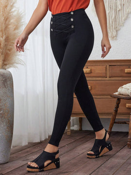 LUNE Pantalon de mujer de cintura alta con diseno cruzado, pantalon ajustado de unicolor para el verano