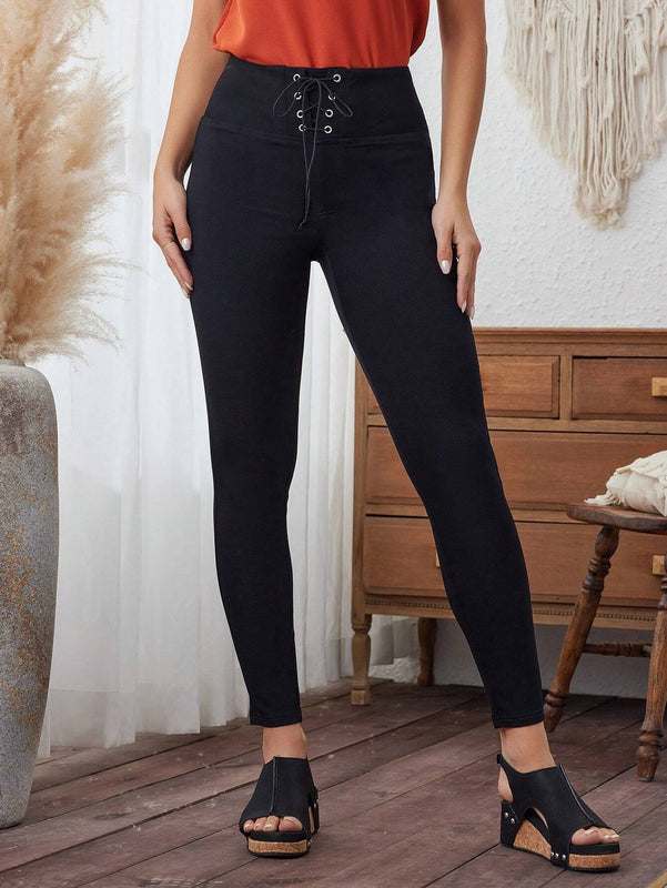 LUNE Mujeres pantalones ajustados lisos con cordones, cintura alta con cinturon de ojales