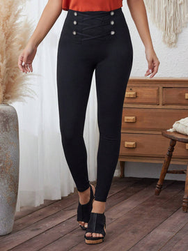 LUNE Pantalon de mujer de cintura alta con diseno cruzado, pantalon ajustado de unicolor para el verano