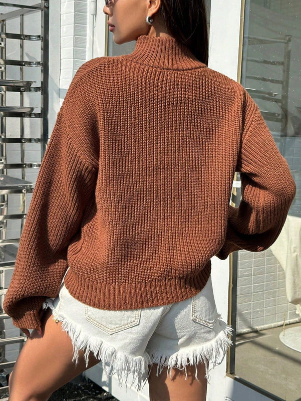 EZwear Sweater De Manga Larga Con Hombros Caidos De Media Cremallera Para Mujer