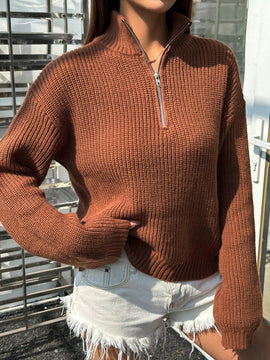 EZwear Sweater De Manga Larga Con Hombros Caidos De Media Cremallera Para Mujer
