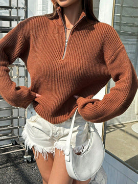 EZwear Sweater De Manga Larga Con Hombros Caidos De Media Cremallera Para Mujer