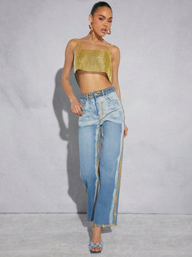 Haute Pantalones Jeans Acampanados Con Raya Metalica Y Cepillo
