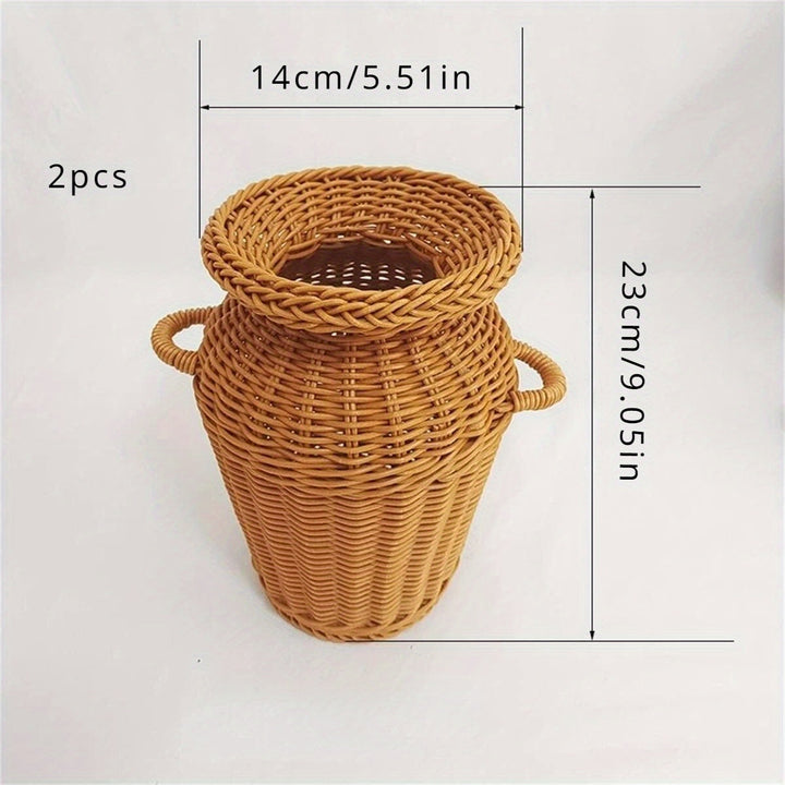 Set De 2 Jarrones De Decoración De Imitación De Ratán Tejido, Maceta De Plástico De Estilo Retro Para Decoración De Mesa, Jarrón De Flores De Artesanía De Ratán Hecho A Mano, Accesorios De Almacenamiento Para Cocina Y Dormitorio