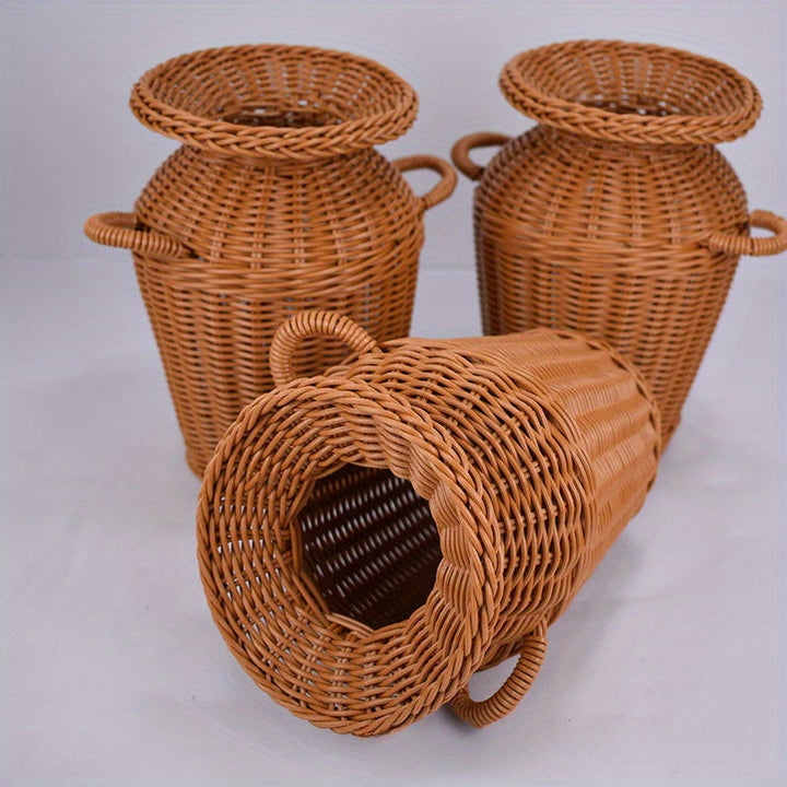 Set De 2 Jarrones De Decoración De Imitación De Ratán Tejido, Maceta De Plástico De Estilo Retro Para Decoración De Mesa, Jarrón De Flores De Artesanía De Ratán Hecho A Mano, Accesorios De Almacenamiento Para Cocina Y Dormitorio