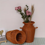 Set De 2 Jarrones De Decoración De Imitación De Ratán Tejido, Maceta De Plástico De Estilo Retro Para Decoración De Mesa, Jarrón De Flores De Artesanía De Ratán Hecho A Mano, Accesorios De Almacenamiento Para Cocina Y Dormitorio