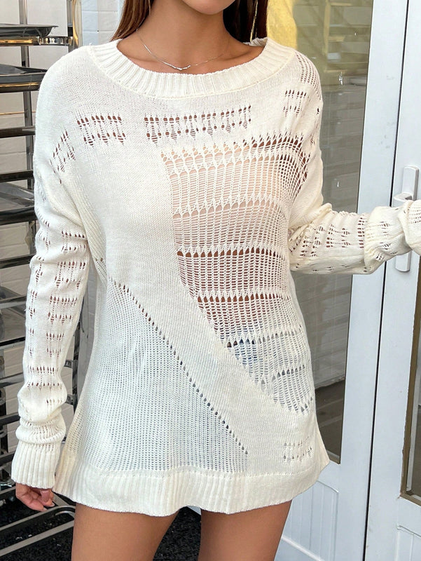 EZwear Jersey De Cuello Redondo Y Hombros Caidos Tejido En Punto Calado