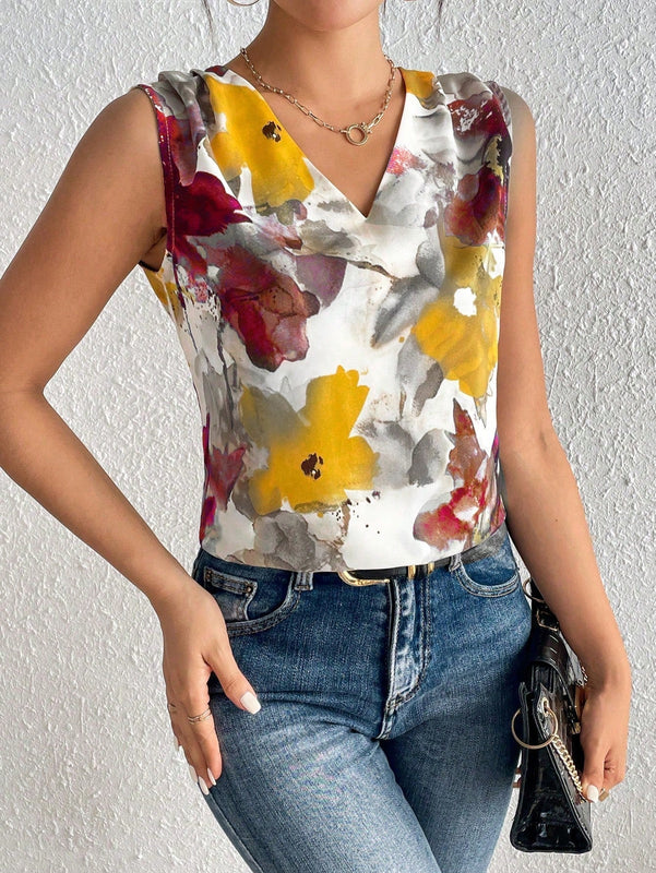 Clasi Blusa Sin Mangas Con Cuello En V Y Estampado Completo