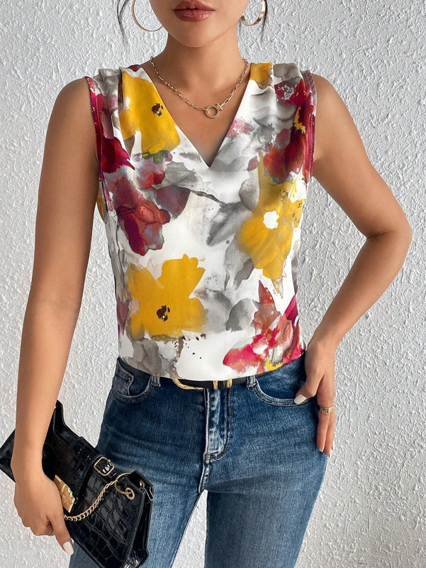 Clasi Blusa Sin Mangas Con Cuello En V Y Estampado Completo