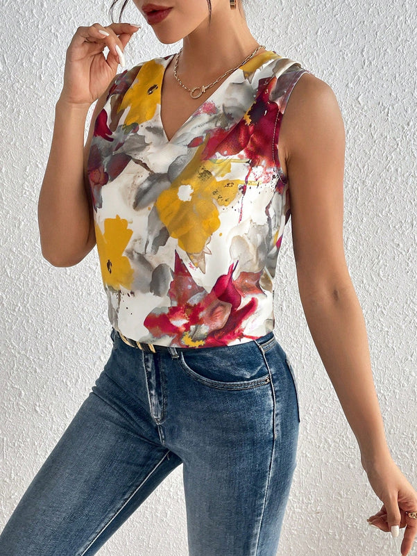 Clasi Blusa Sin Mangas Con Cuello En V Y Estampado Completo