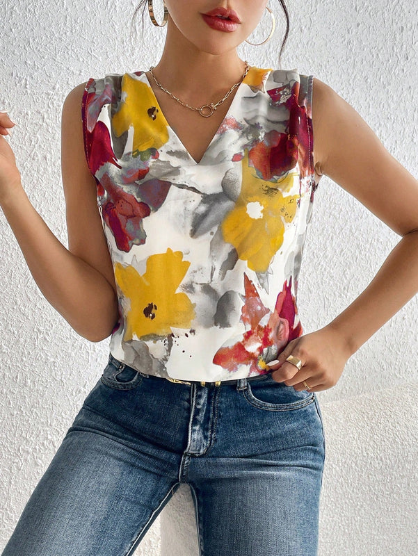 Clasi Blusa Sin Mangas Con Cuello En V Y Estampado Completo