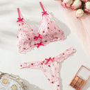 Conjunto De Lenceria Transparente De Malla Con Bordado Floral Para Mujeres