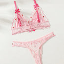 Conjunto De Lenceria Transparente De Malla Con Bordado Floral Para Mujeres