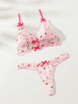Conjunto De Lenceria Transparente De Malla Con Bordado Floral Para Mujeres