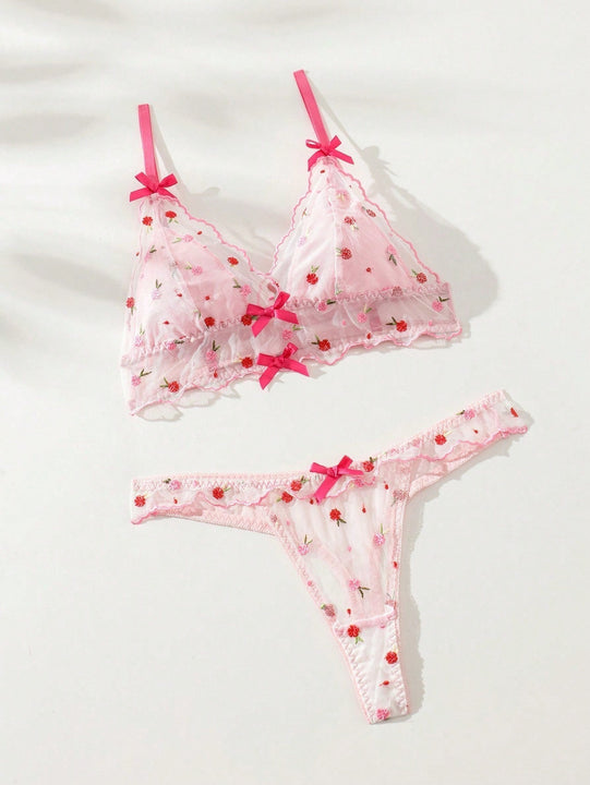 Conjunto De Lenceria Transparente De Malla Con Bordado Floral Para Mujeres