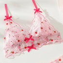 Conjunto De Lenceria Transparente De Malla Con Bordado Floral Para Mujeres