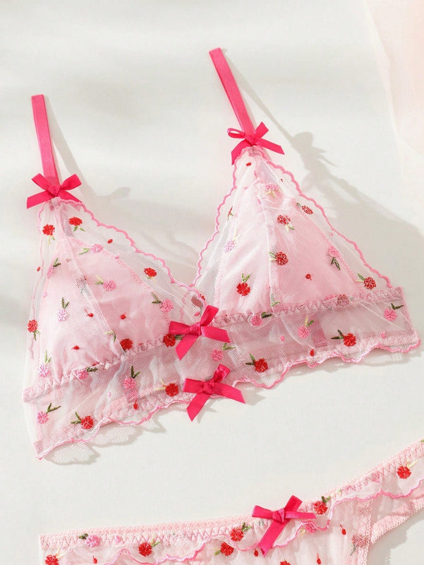 Conjunto De Lenceria Transparente De Malla Con Bordado Floral Para Mujeres