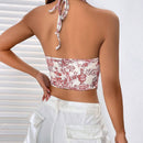 EZwear Top De Cuello Halter Con Dobladillo Asimetrico Y Diseno Estampado En Todo Su Exterior