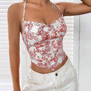 EZwear Top De Cuello Halter Con Dobladillo Asimetrico Y Diseno Estampado En Todo Su Exterior