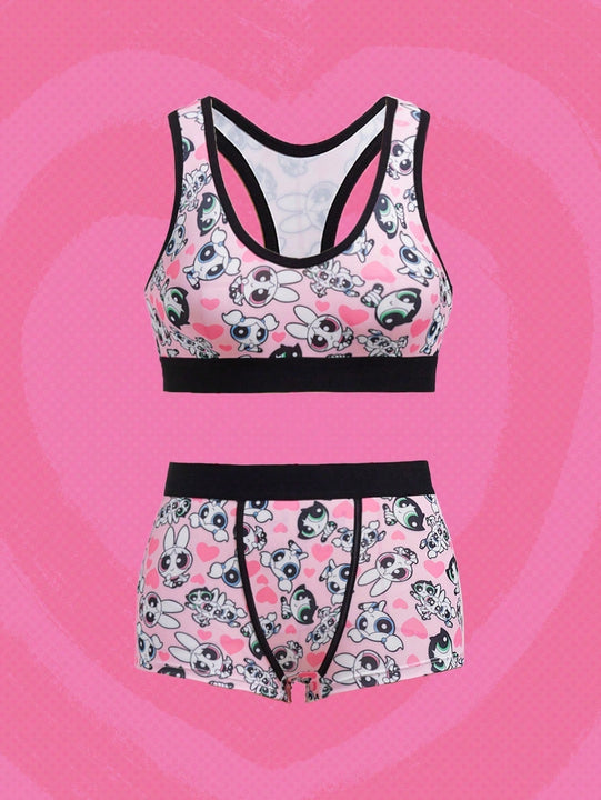 The Powerpuff Girls | ROMWE Conjunto De Sosten Y Panty Con Diseno De Caricatura Grafica De Contraste Y Espalda De Nadadora