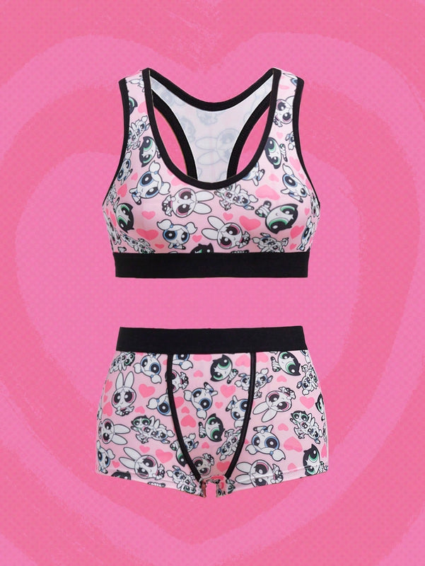 The Powerpuff Girls | ROMWE Conjunto De Sosten Y Panty Con Diseno De Caricatura Grafica De Contraste Y Espalda De Nadadora