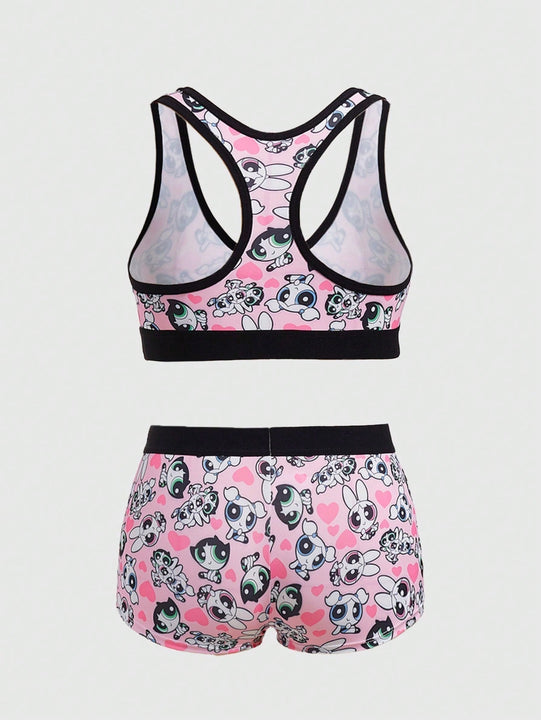 The Powerpuff Girls | ROMWE Conjunto De Sosten Y Panty Con Diseno De Caricatura Grafica De Contraste Y Espalda De Nadadora