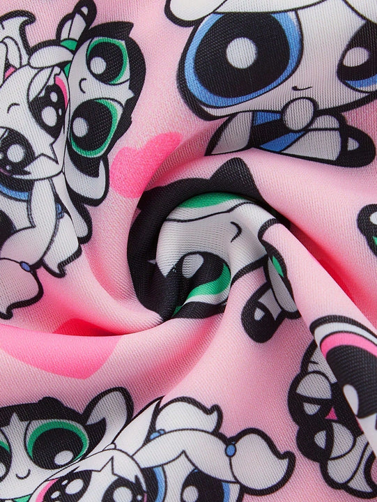 The Powerpuff Girls | ROMWE Conjunto De Sosten Y Panty Con Diseno De Caricatura Grafica De Contraste Y Espalda De Nadadora