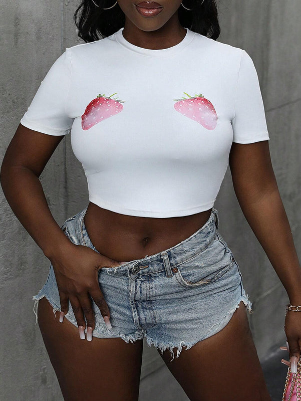 Camiseta Corta Con Estampado De Fresas Para Mujer