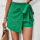 LUNE Dia De San Patricio, Trebol, Verano, Bowknot Para Mujeres Decorado Con Cintura Atada Con Lazo, Textura De Onda De Tela Con Rayas Asimetricas Y Shorts Casuales De Playa En Estilo De Pantalon De Falda Verde