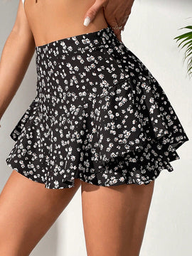 Tall Falda Pantalon Con Dobladillo Rizado Y Estampado Floral Para Mujer