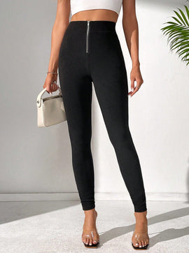 Tall Pantalones Ajustados De Cintura Alta De Un Solo Color Con Cremallera