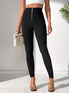 Tall Pantalones Ajustados De Cintura Alta De Un Solo Color Con Cremallera