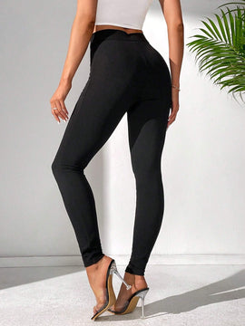 Tall Pantalones Ajustados De Cintura Alta De Un Solo Color Con Cremallera