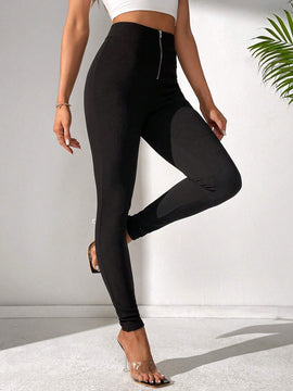 Tall Pantalones Ajustados De Cintura Alta De Un Solo Color Con Cremallera