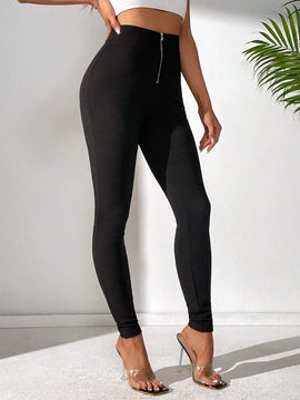 Tall Pantalones Ajustados De Cintura Alta De Un Solo Color Con Cremallera